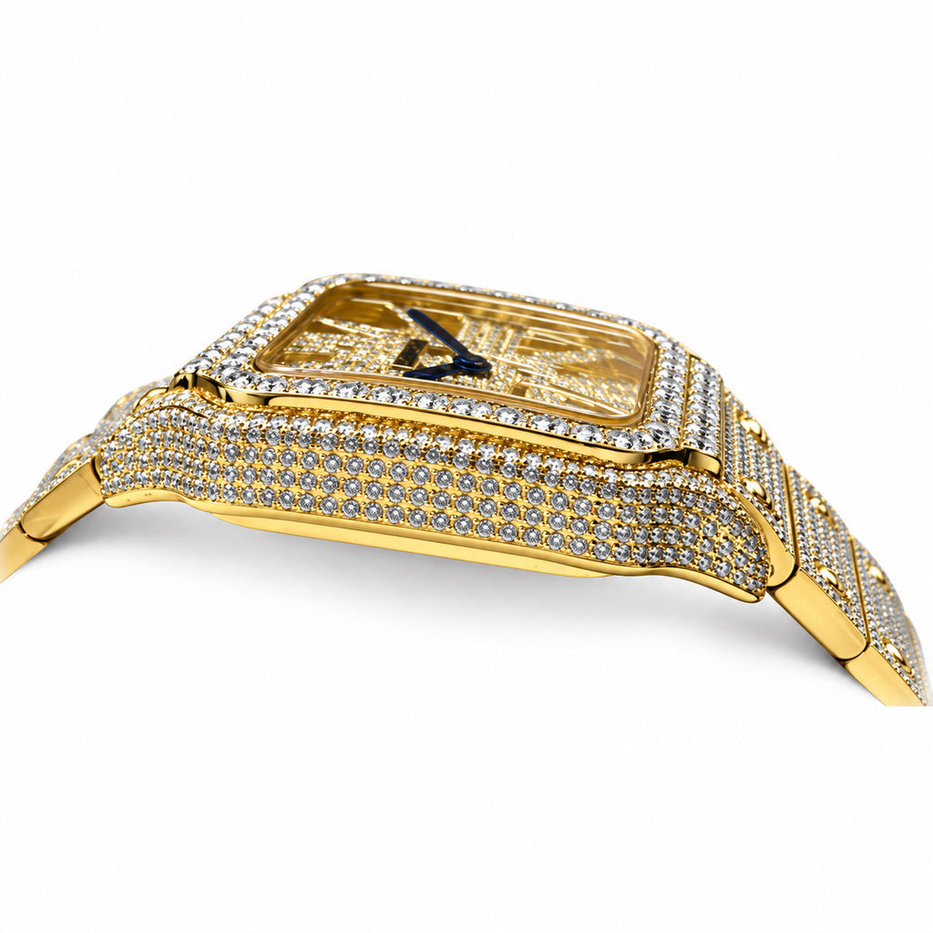 Cartier Santos de Cartier Skeleton Iced Out Yellow Gold Full Pavé Diamond Bracelet Watch
