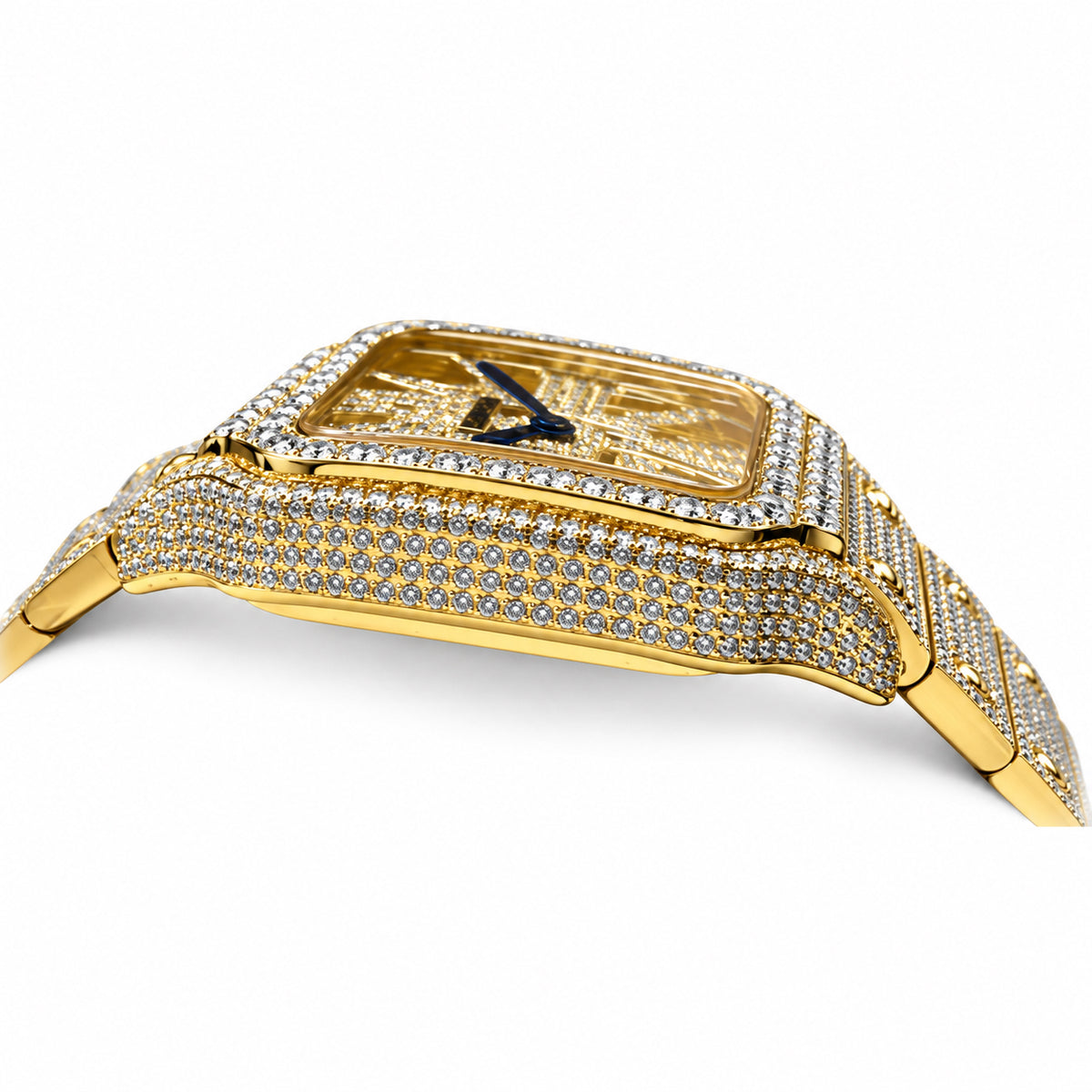 Cartier Santos de Cartier Skeleton Iced Out Yellow Gold Full Pavé Diamond Bracelet Watch