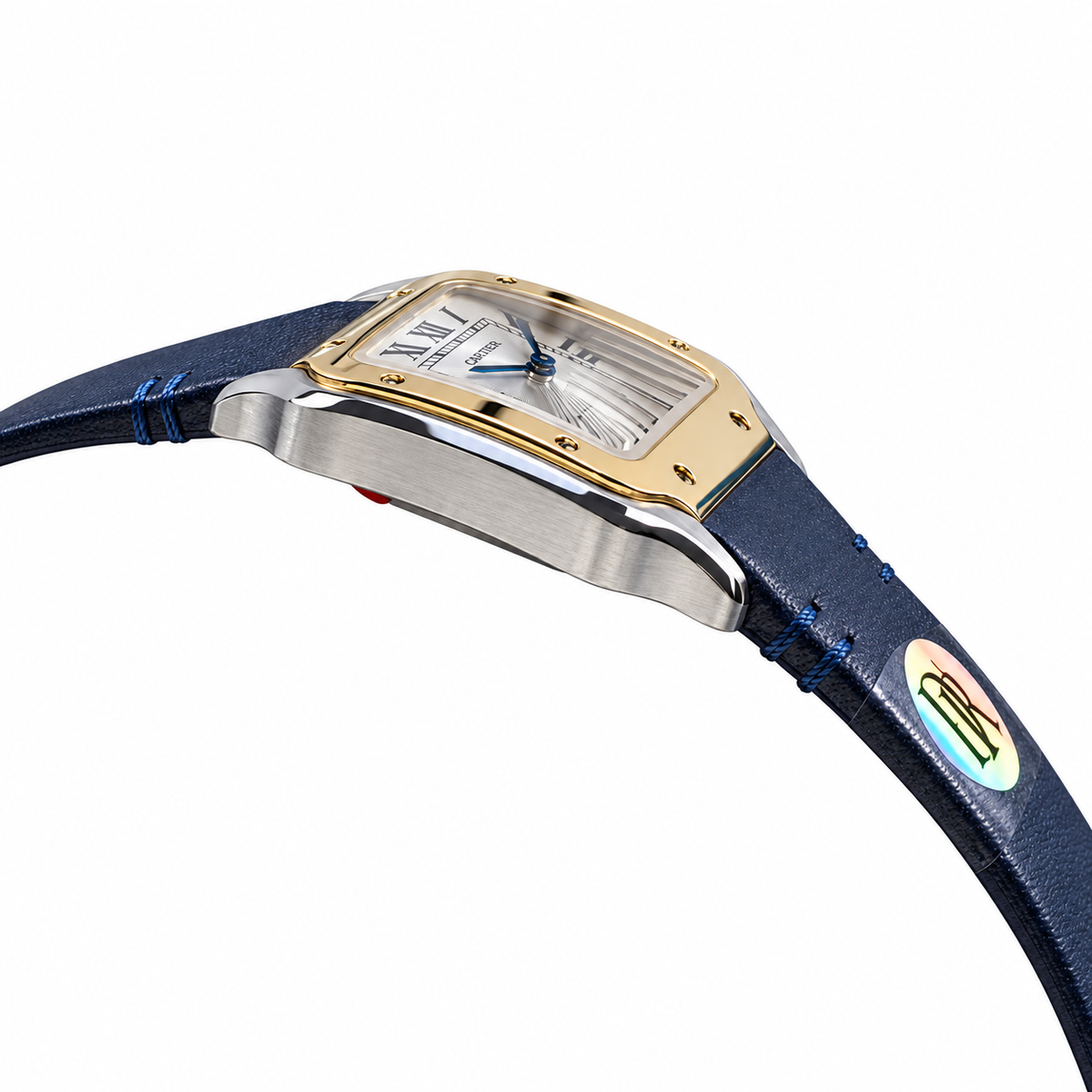 Cartier Santos de Cartier Large Stainless Steel & Yellow Gold Two-Tone White Dial Roman Numeral Blue Leather Strap Automatic Watch