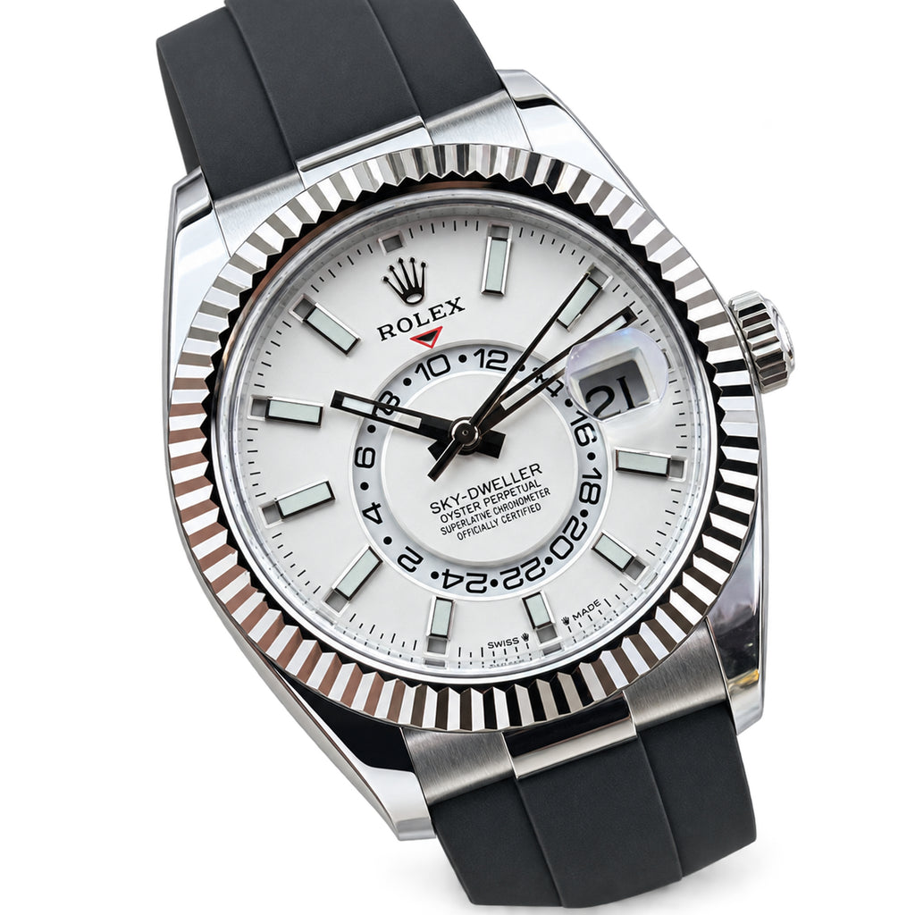 Rolex Sky-Dweller Oystersteel White Gold Fluted Bezel White Dial Oysterflex Watch