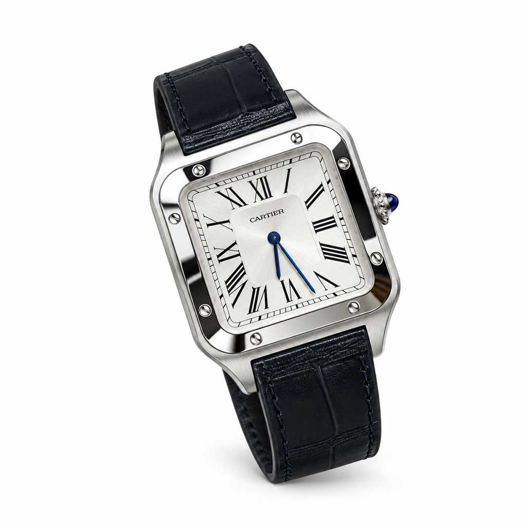 Cartier Santos-Dumont Steel White Dial Black Alligator Watch