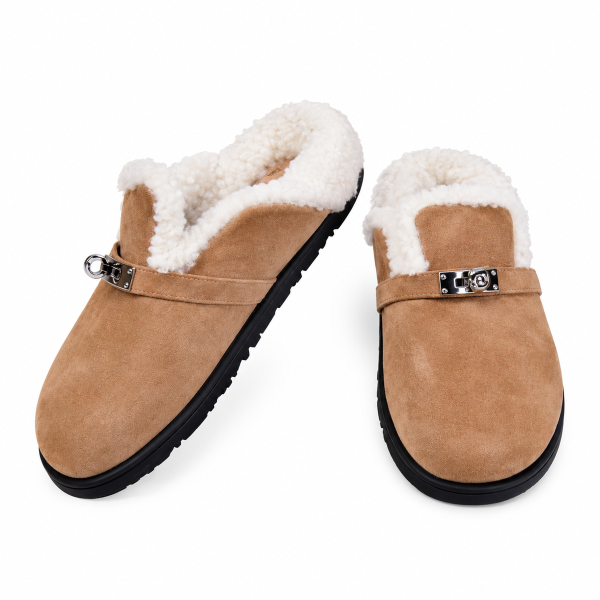 Hermès Camel Mule Shoes with Cream Plush Trim