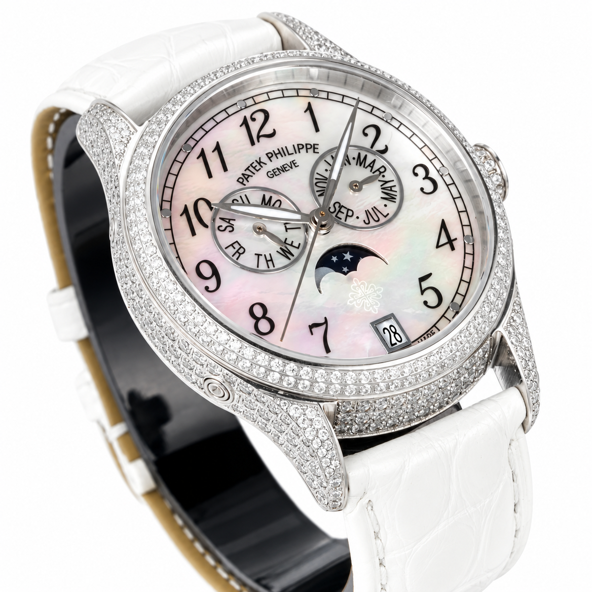 Patek Philippe Ladies White Gold Full Diamond Case Annual Calendar Moon Phase MOP Dial Arabic Numerals 38mm