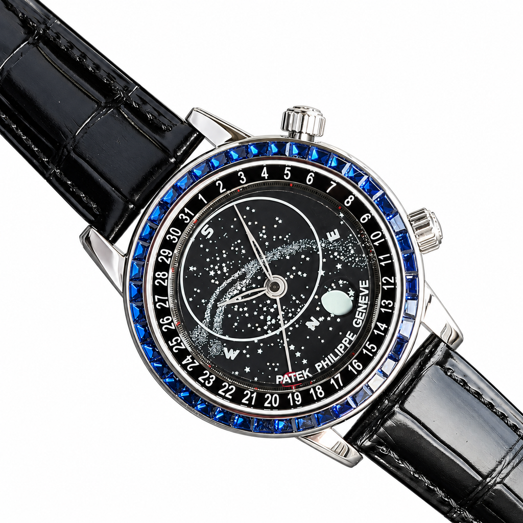 Patek Philippe Celestial White Gold Blue Sapphire Black Star Dial Moon Phase 44mm