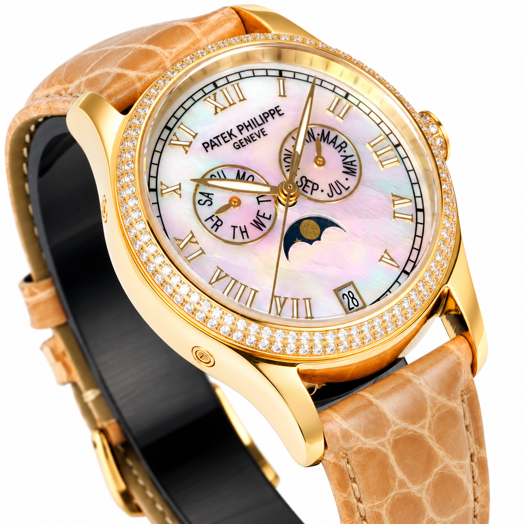 Patek Philippe Ladies Annual Calendar Yellow Gold Diamond Bezel Pink MOP Dial Roman Numerals Moon Phase Beige Strap 38mm