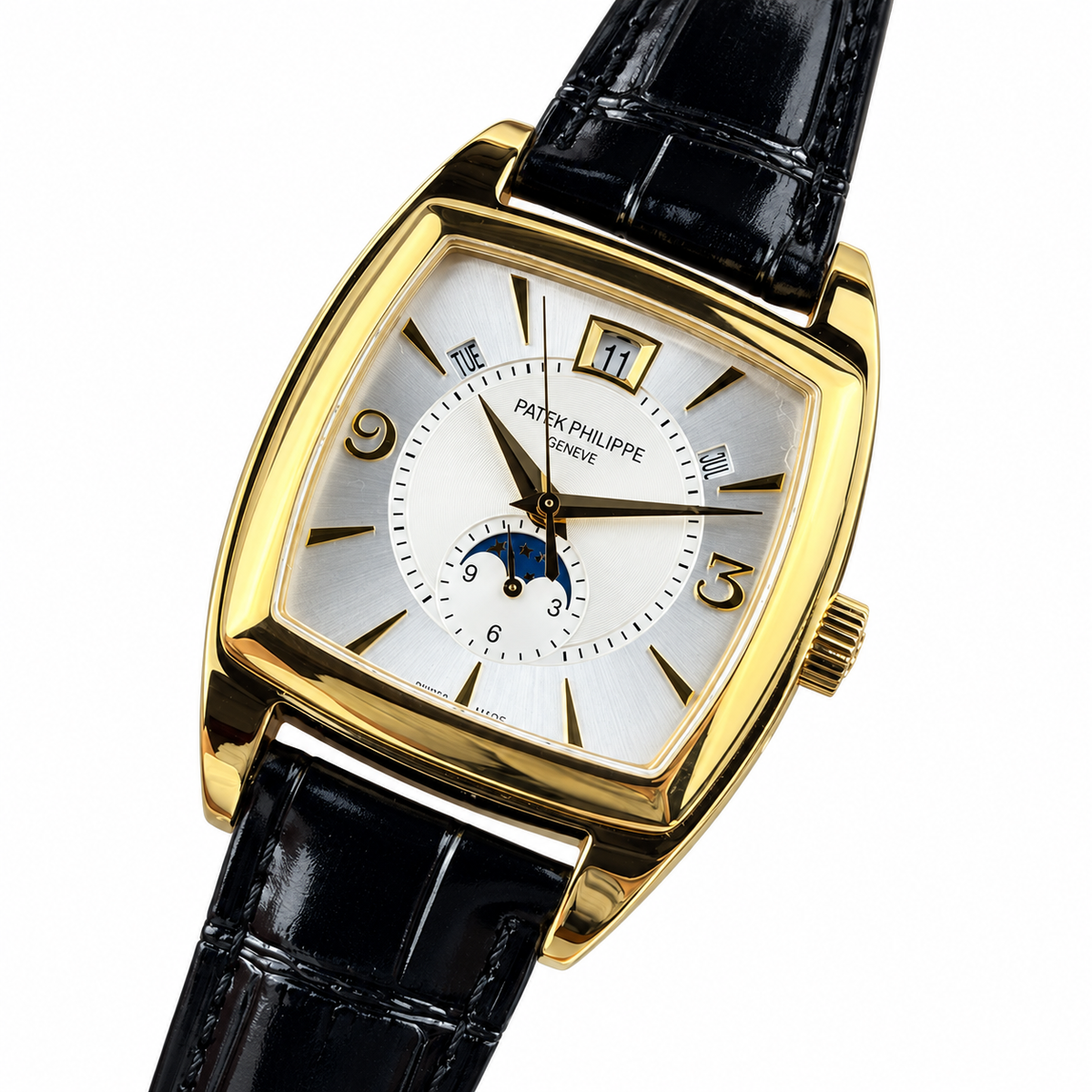 Patek Philippe Gondolo Cushion Yellow Gold Moon Phase Day Date Month Silver Dial Black Strap 34mm