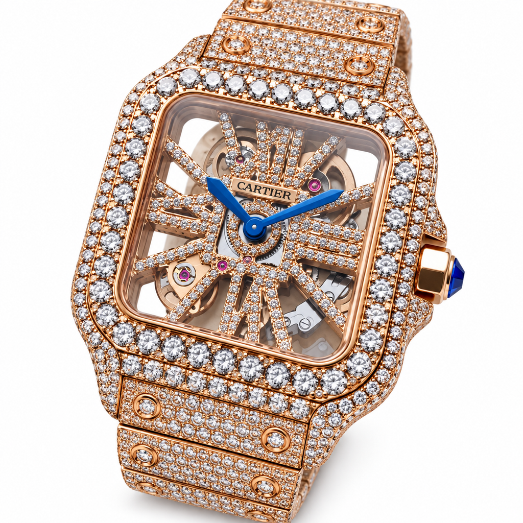 Cartier Santos de Cartier Iced Out Rose Gold Full Diamond Skeleton Dial Bracelet Watch