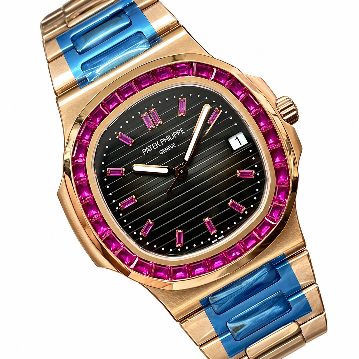 Patek Philippe Nautilus Rose Gold Ruby Baguette Black Dial Blue PVD Links
