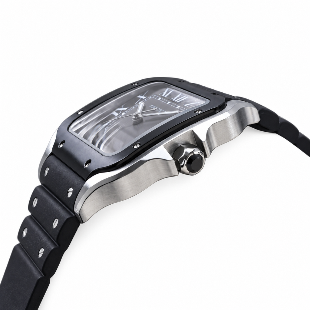 Cartier Santos de Cartier Large Steel & Black PVD Grey Dial Black Rubber Strap Automatic Watch