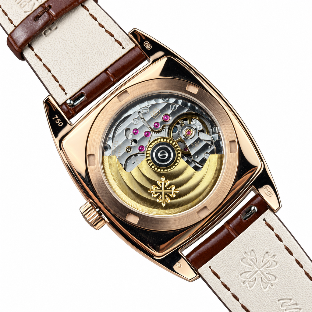 Patek Philippe Gondolo Cushion Rose Gold Annual Calendar Moon Phase Small Seconds Ivory Dial Brown Strap 34mm