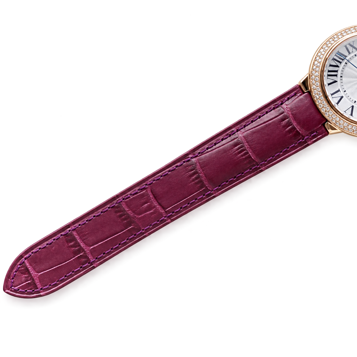Cartier Ballon Bleu Rose Gold Diamond Bezel Silver Dial Purple Alligator Watch
