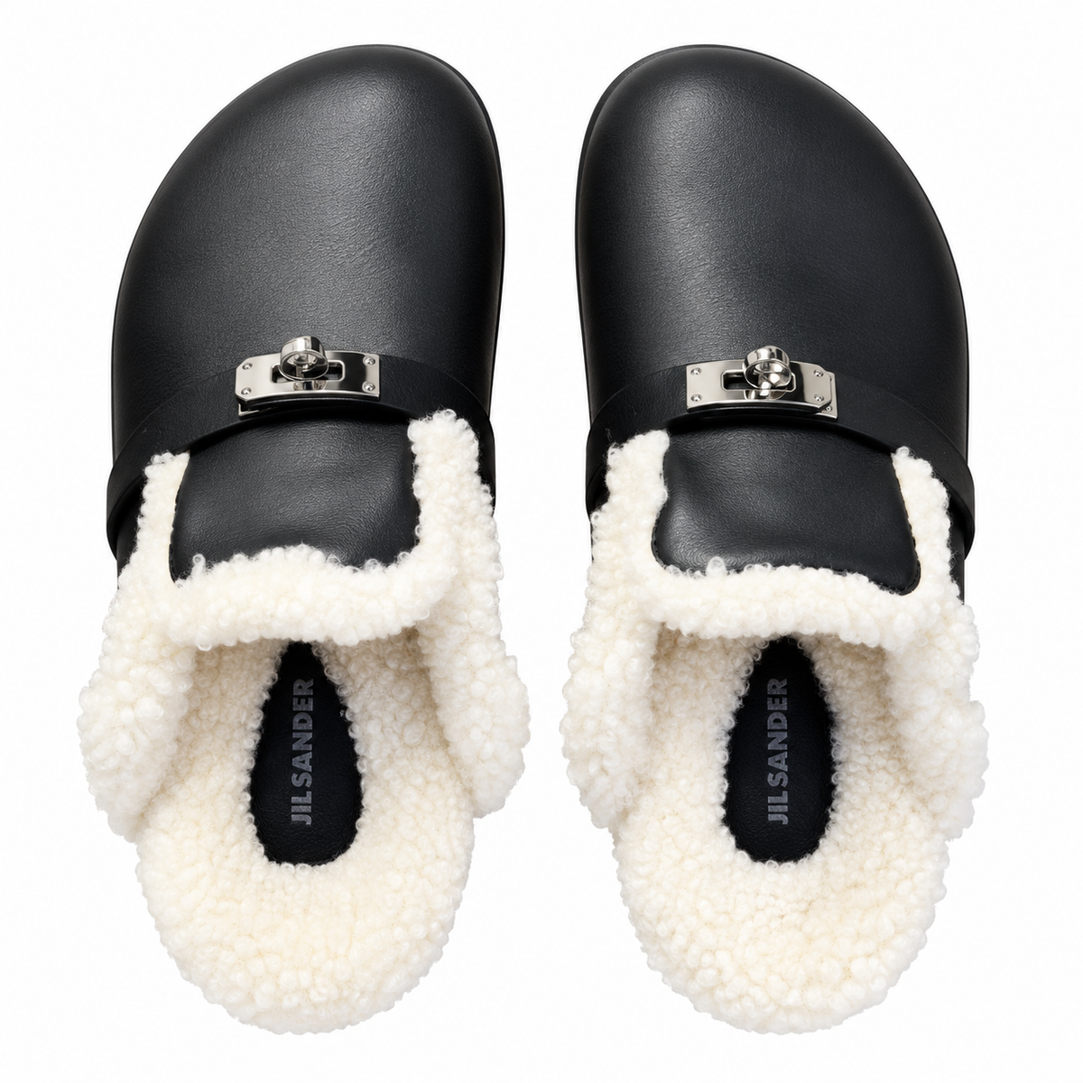 Hermès Black Mule Shoes with Cream Plush Trim