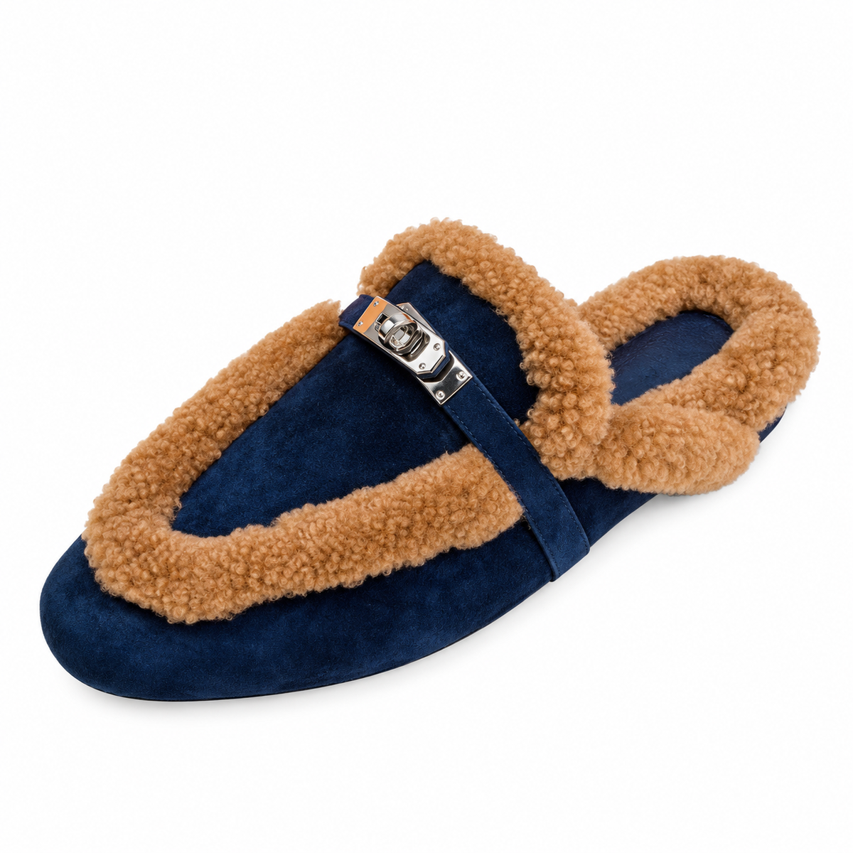 Hermès Navy Mules with Plush Trim & Silver-Tone Hardware