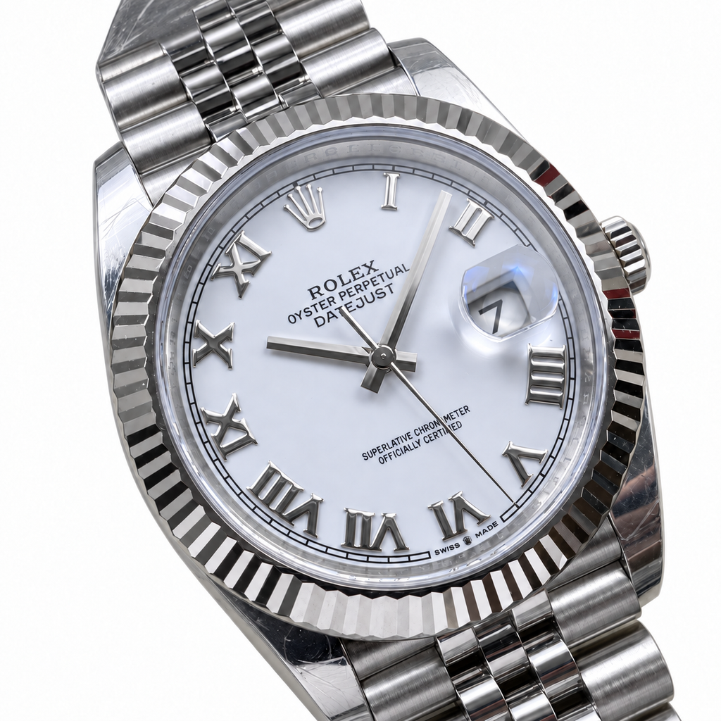 Rolex Datejust 41mm White Roman Dial Fluted Bezel Jubilee Bracelet Oystersteel