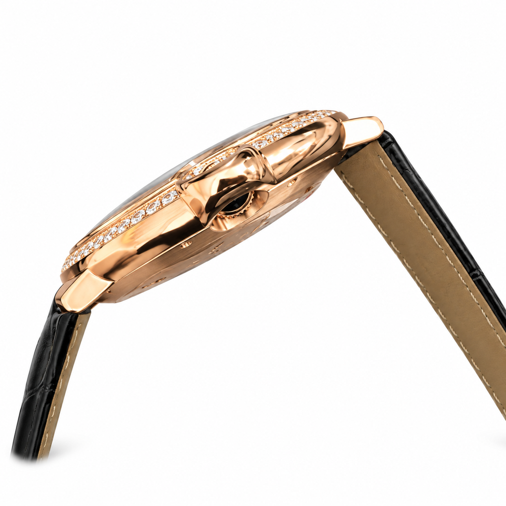Cartier Ballon Bleu de Cartier Rose Gold Diamond Bezel Chocolate Dial Black Alligator Watch