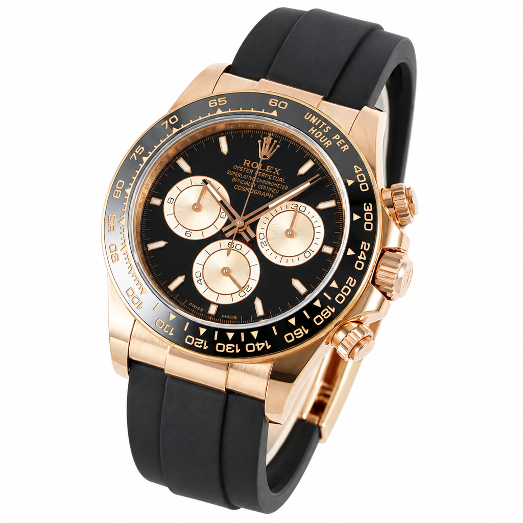 Rolex Cosmograph Daytona Rose Gold Black Ceramic Bezel Black Diamond Dial Oysterflex Watch