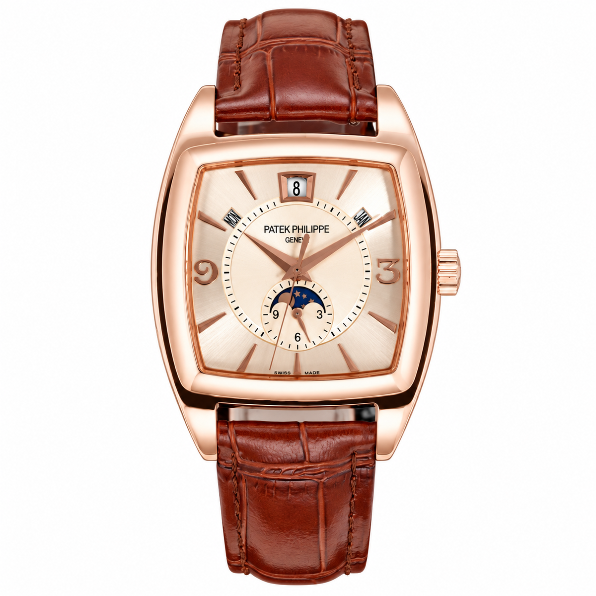 Patek Philippe Gondolo Cushion Rose Gold Moon Phase Small Seconds Date Month Ivory Dial Brown Strap 34mm