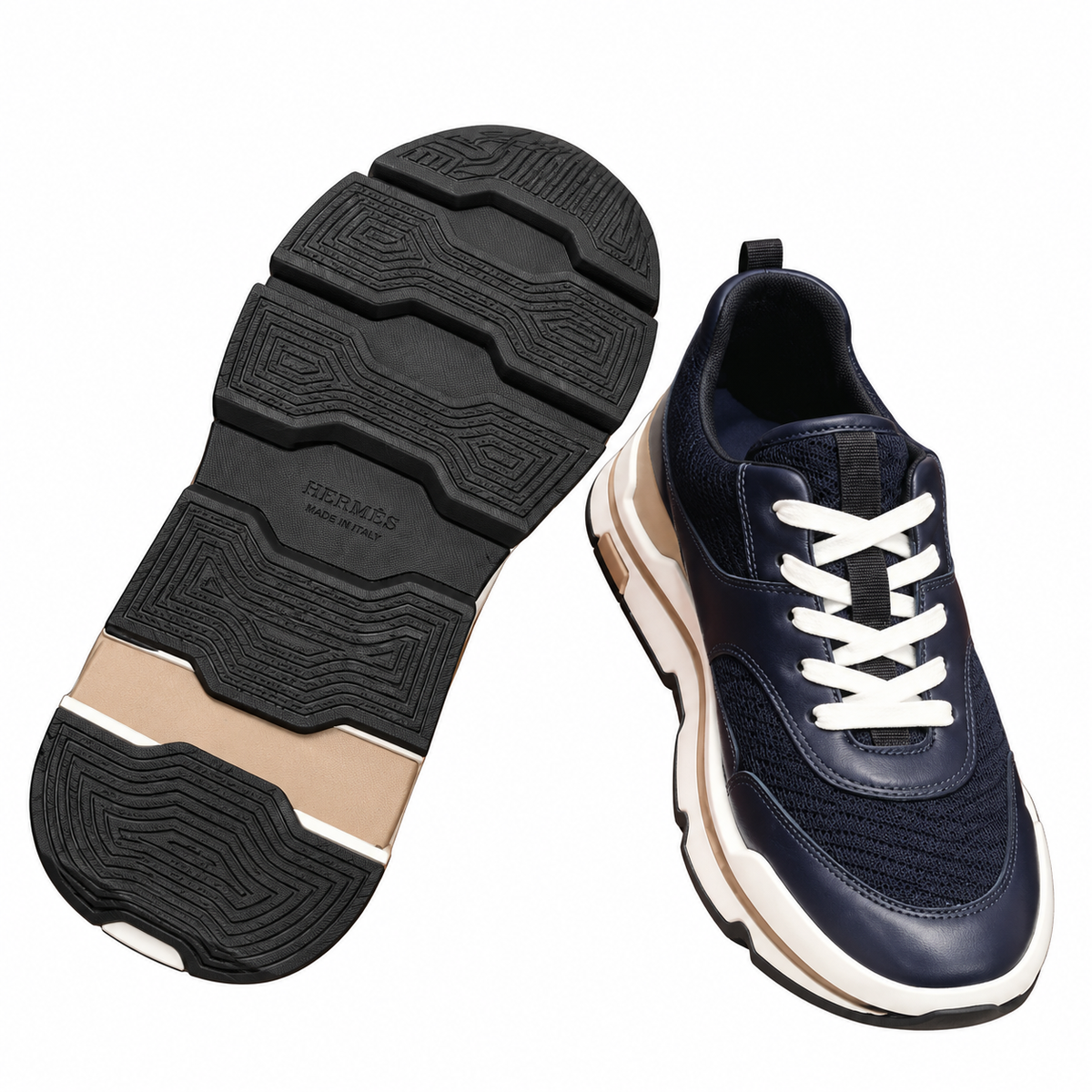 Hermès Navy Leather & Mesh Low-Top Sneakers