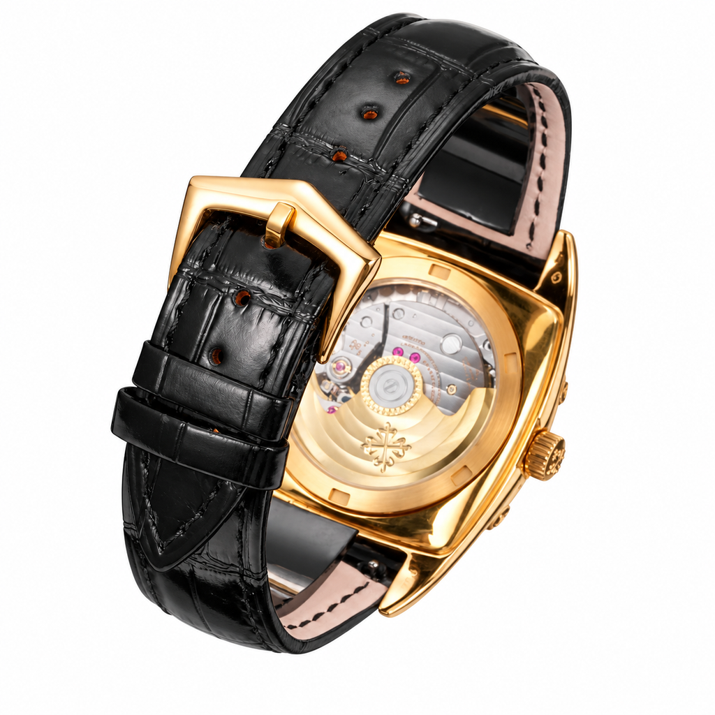 Patek Philippe Gondolo Tonneau Yellow Gold Moon Phase Day Date Month Silver Dial Black Strap 34mm