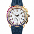 Patek Philippe Aquanaut Chronograph Rose Gold Rainbow Sapphire White MOP Navy Blue Strap 39.9mm