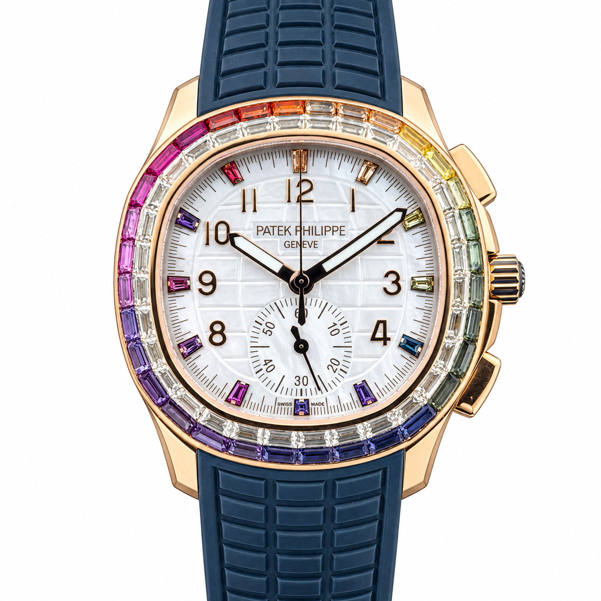 Patek Philippe Aquanaut Chronograph Rose Gold Rainbow Sapphire White MOP Navy Blue Strap 39.9mm