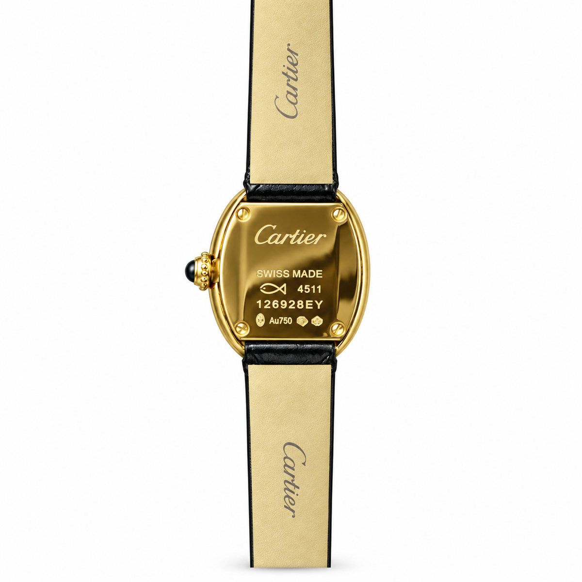 Cartier Baignoire Small 18k Yellow Gold Ivory Dial Black Leather Strap Watch