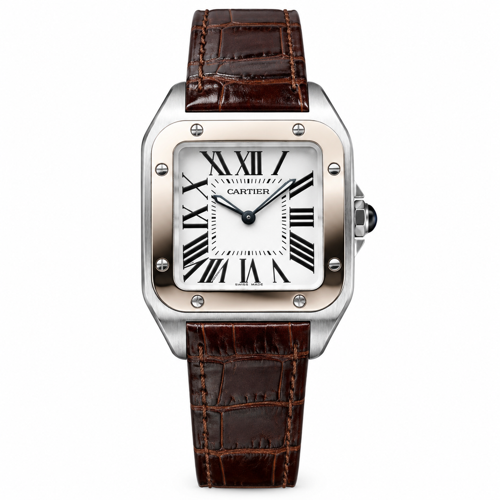 Cartier Santos 100 Steel Rose Gold Bezel White Dial Brown Alligator Watch