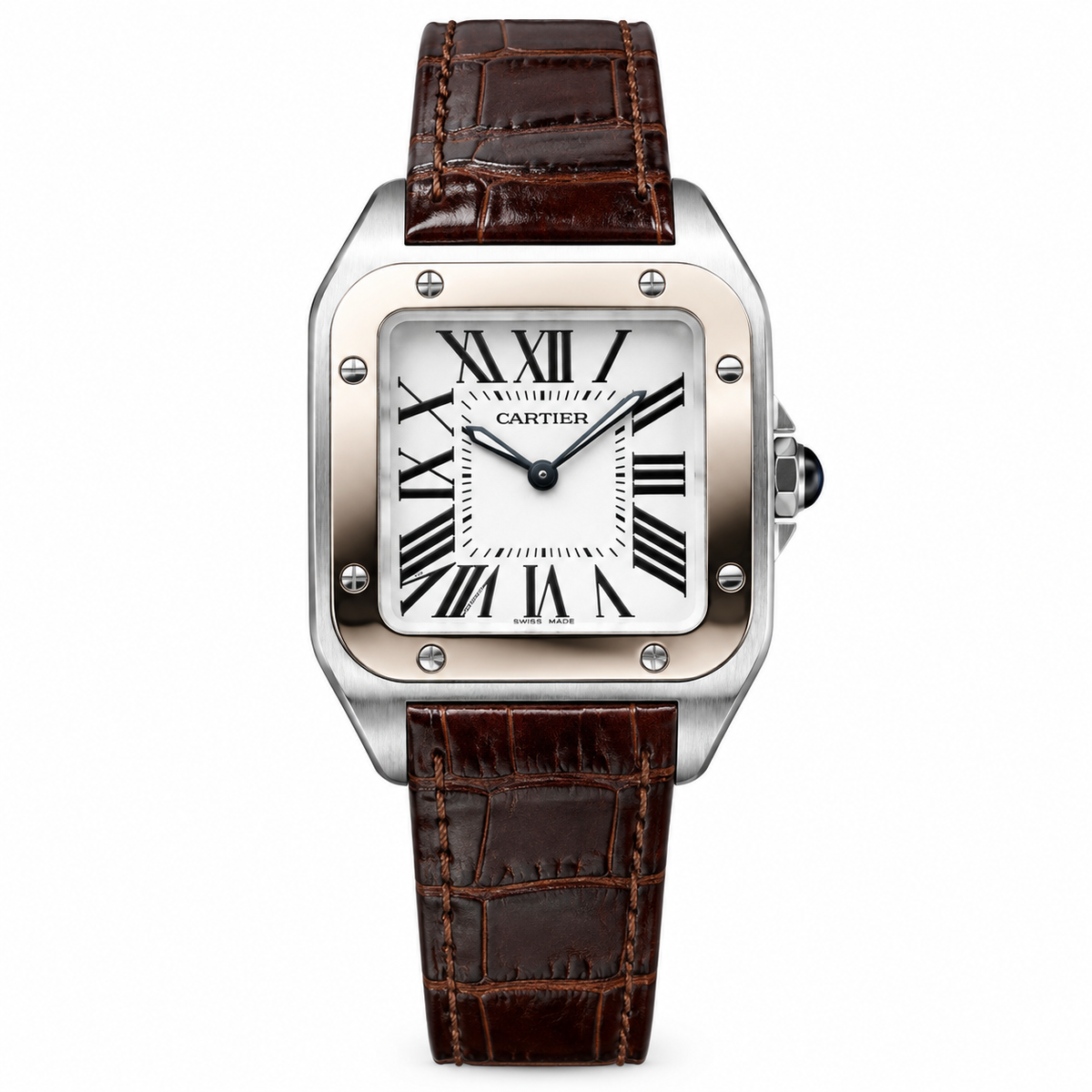 Cartier Santos 100 Steel Rose Gold Bezel White Dial Brown Alligator Watch