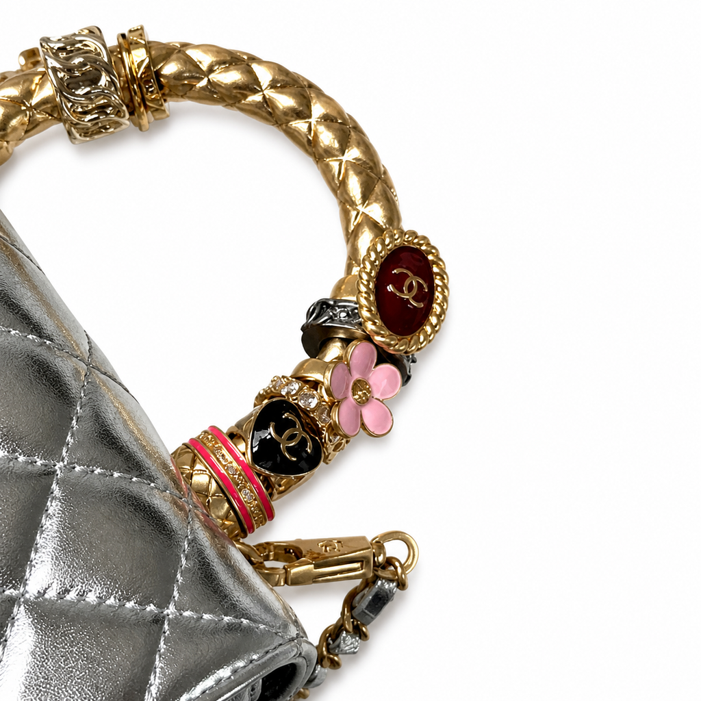 Chanel Silver Metallic Quilted Mini Flap Charm Top Handle Gold Chain