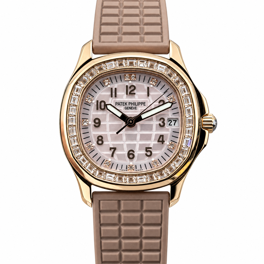 Patek Philippe Aquanaut Luce Rose Gold Diamond Bezel White MOP Beige Strap 44mm
