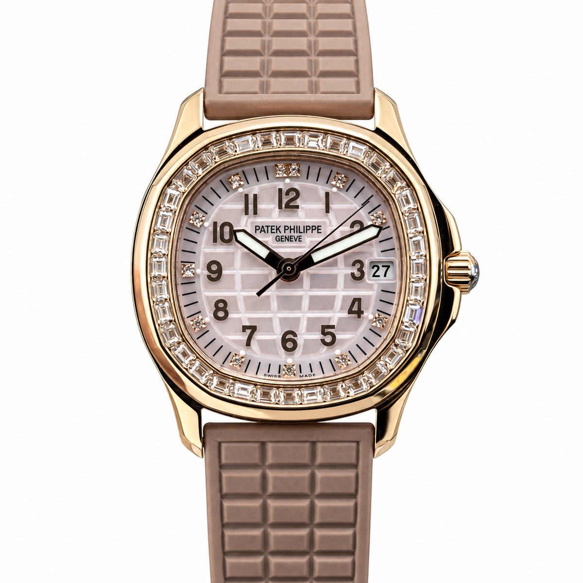Patek Philippe Aquanaut Luce Rose Gold Diamond Bezel White MOP Beige Strap 44mm