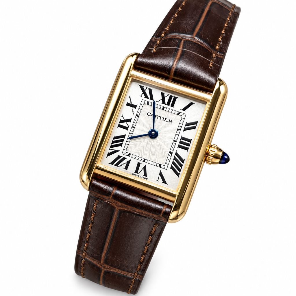 Cartier Tank Must Yellow Gold White Dial Brown Alligator Strap Watch