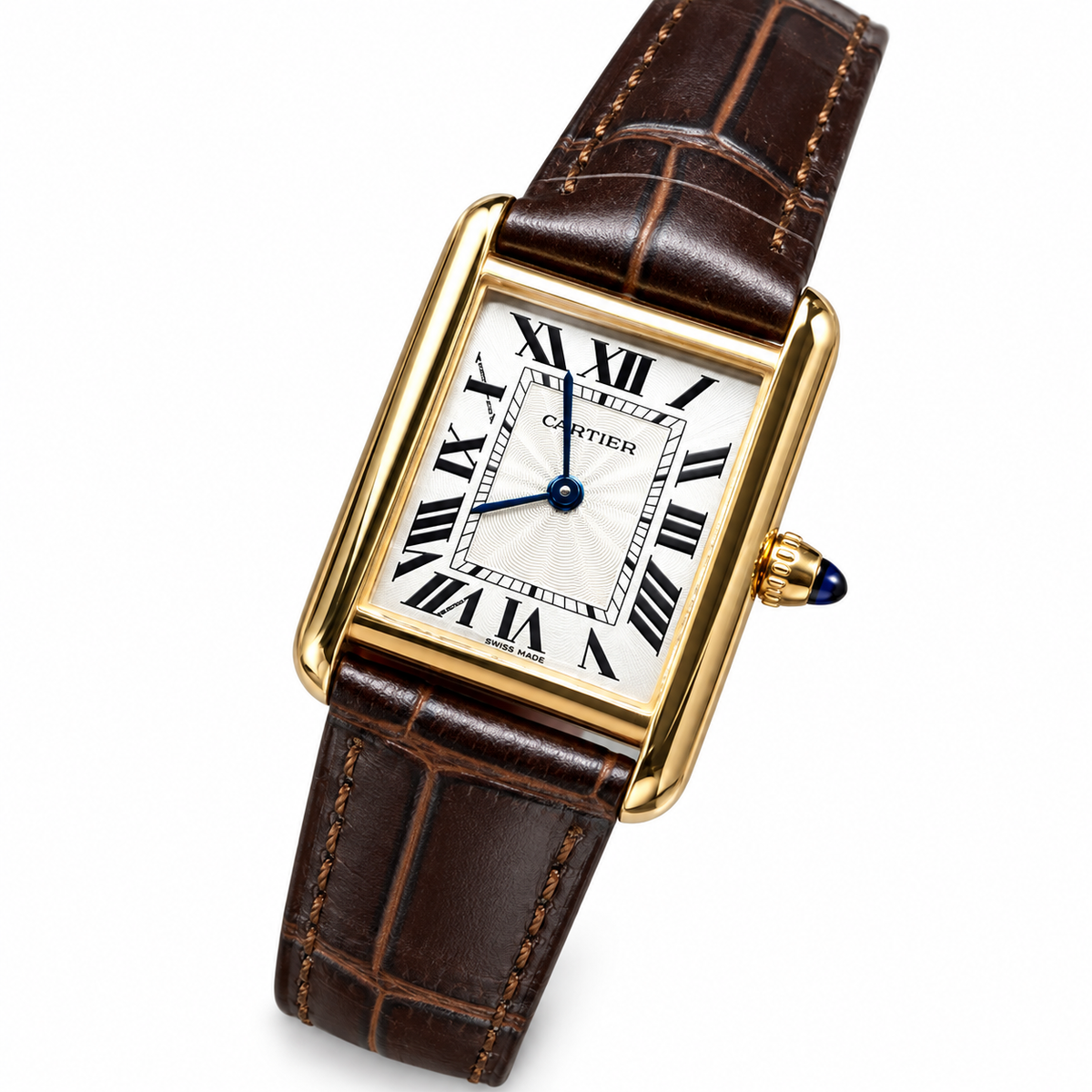 Cartier Tank Must Yellow Gold White Dial Brown Alligator Strap Watch