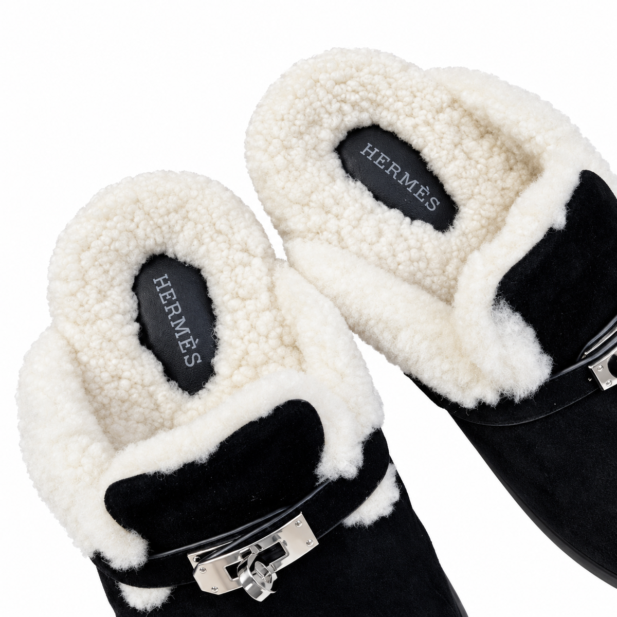 Hermès Black Mule Shoes with Cream Plush Lining