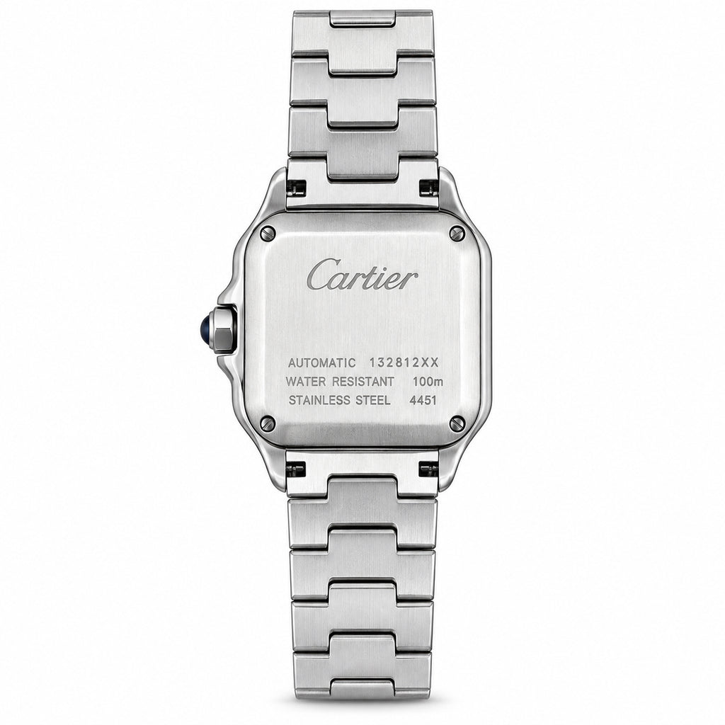 Cartier Santos de Cartier Large Stainless Steel White Dial Roman Numeral Blue Hands Steel Bracelet Automatic Watch