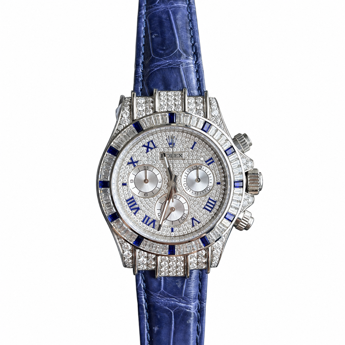 Rolex Cosmograph Daytona White Gold Diamond Pavé Blue Sapphire Bezel Blue Alligator Watch