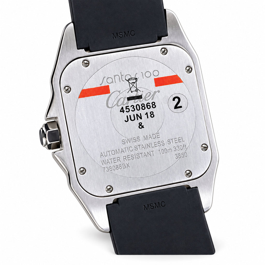 Cartier Santos 100 XL Stainless Steel Black Rubber Bezel White Dial Roman Numeral Black Rubber Strap Automatic Watch