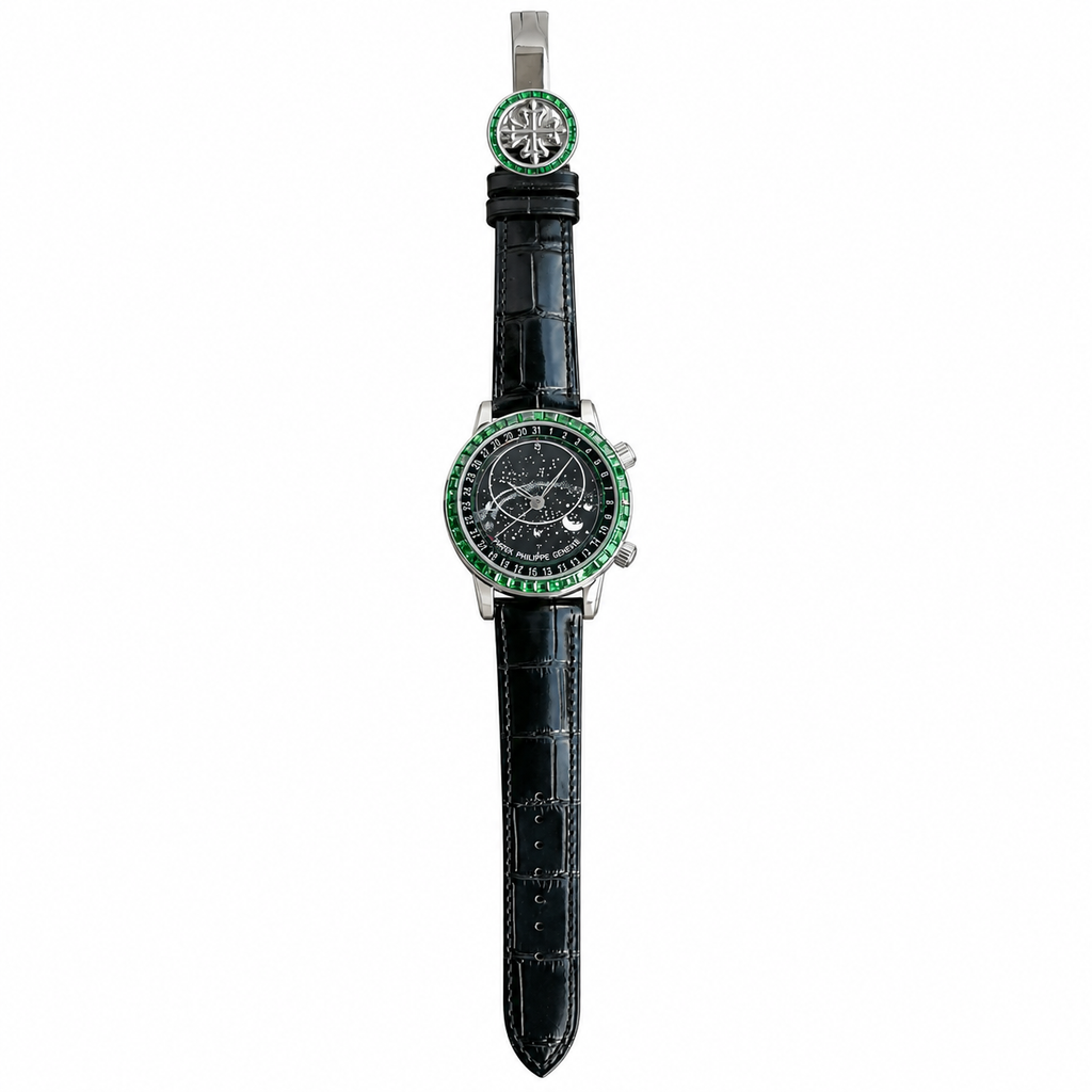 Patek Philippe Celestial White Gold Emerald Bezel Black Star Dial Moon Phase 44mm