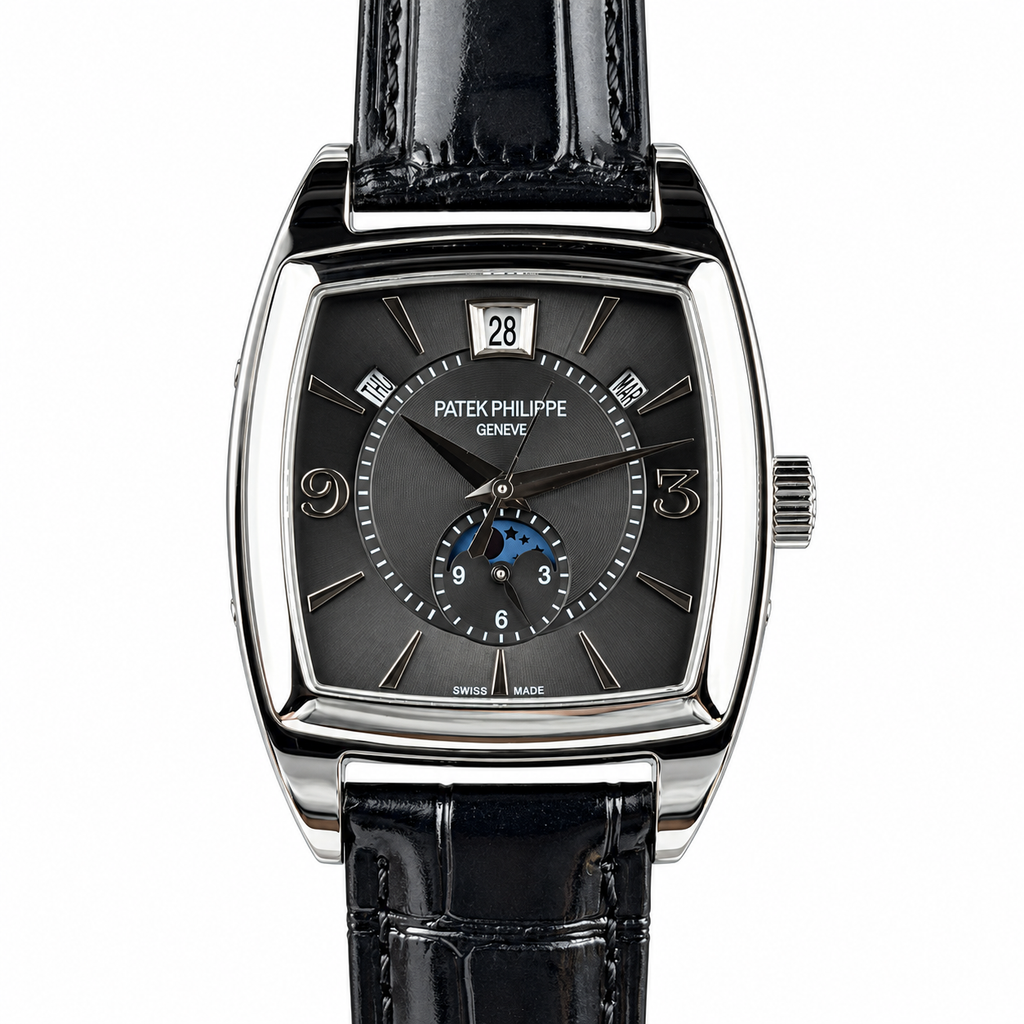 Patek Philippe Gondolo Calendario White Gold TV-Shaped Slate Grey Clous de Paris Dial Annual Calendar Moon Phase Small Seconds Black Strap 34mm