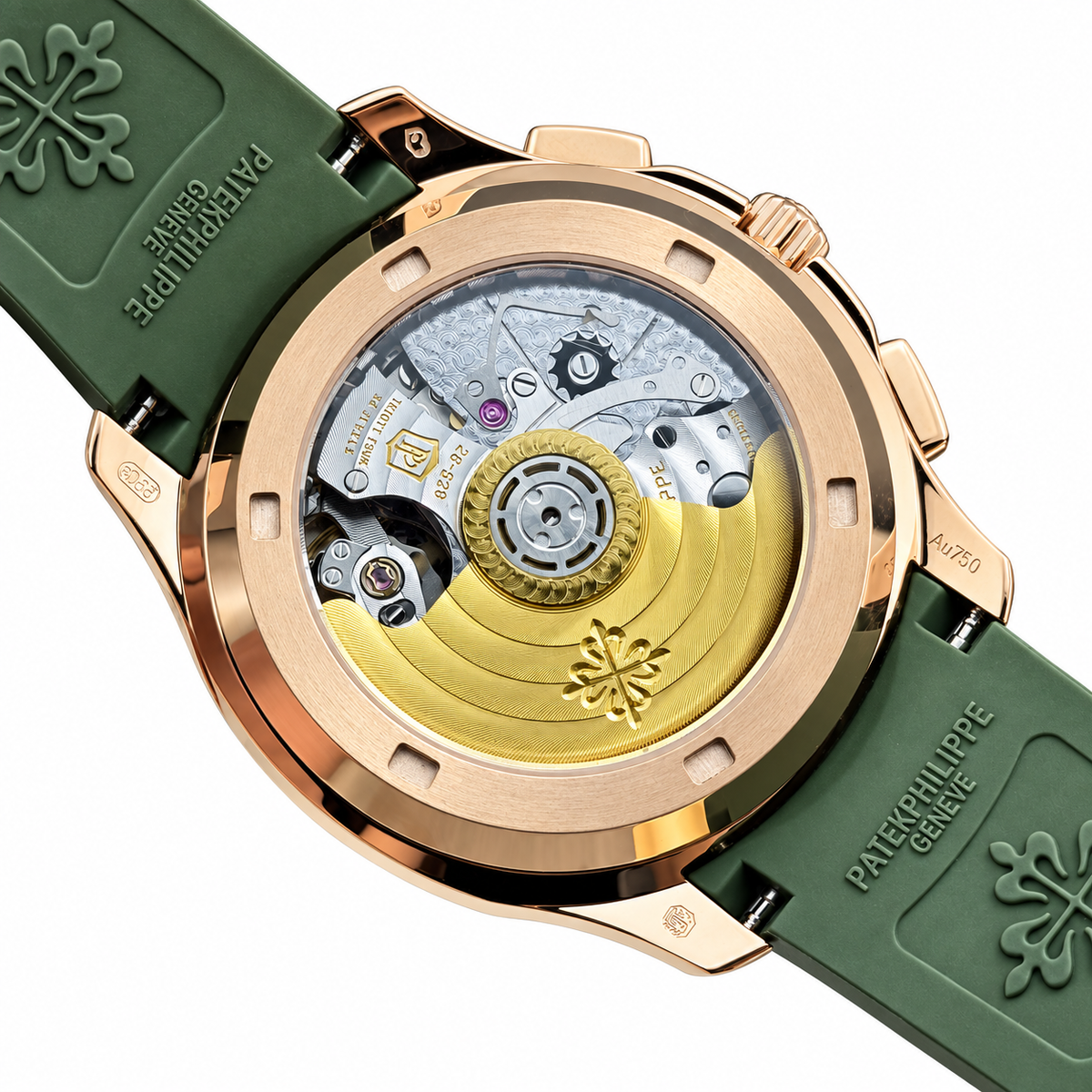 Patek Philippe Aquanaut Chronograph Rose Gold Rainbow Sapphire White MOP Forest Green Strap 39.9mm