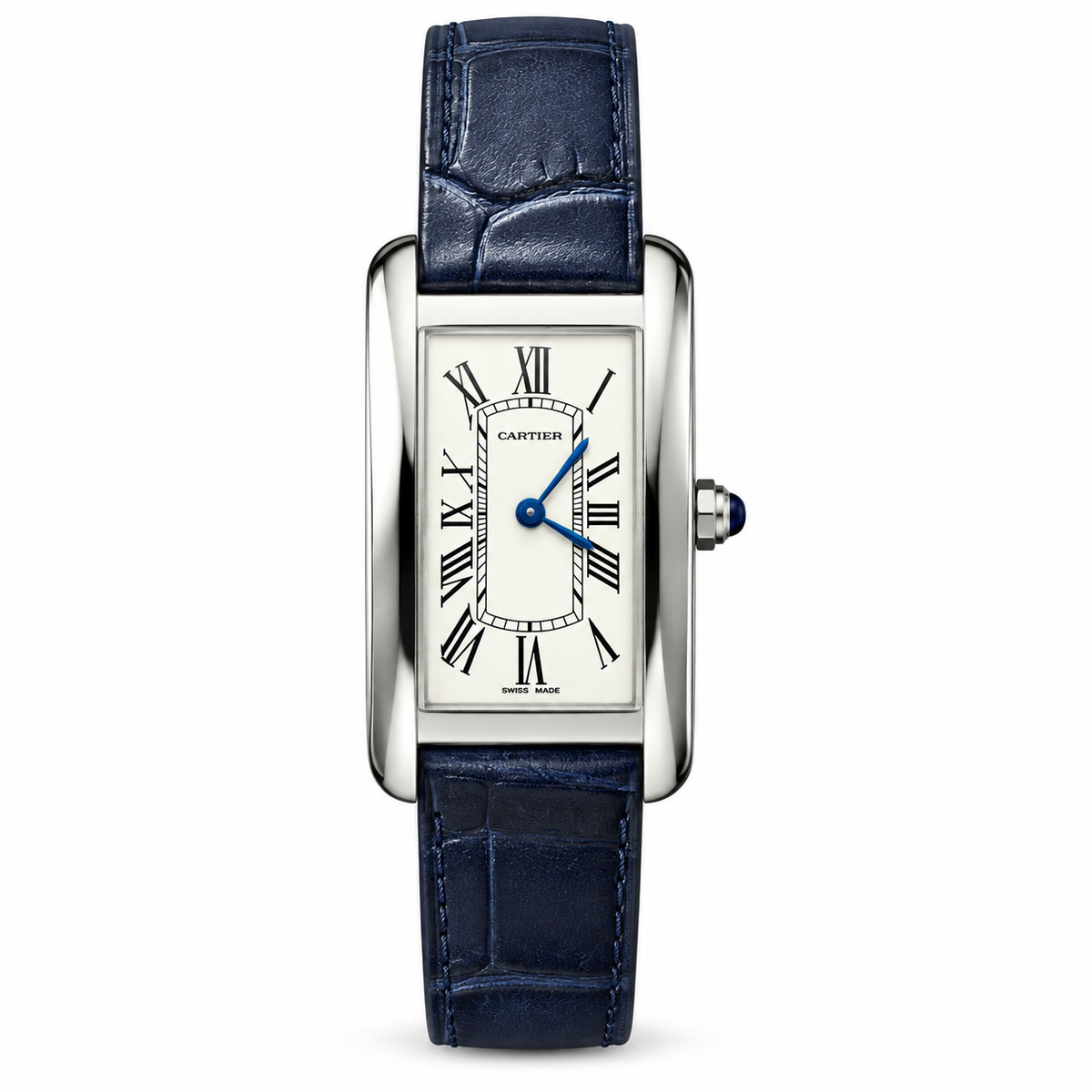 Cartier Tank Must Large Stainless Steel White Dial Blue Alligator Strap Watch