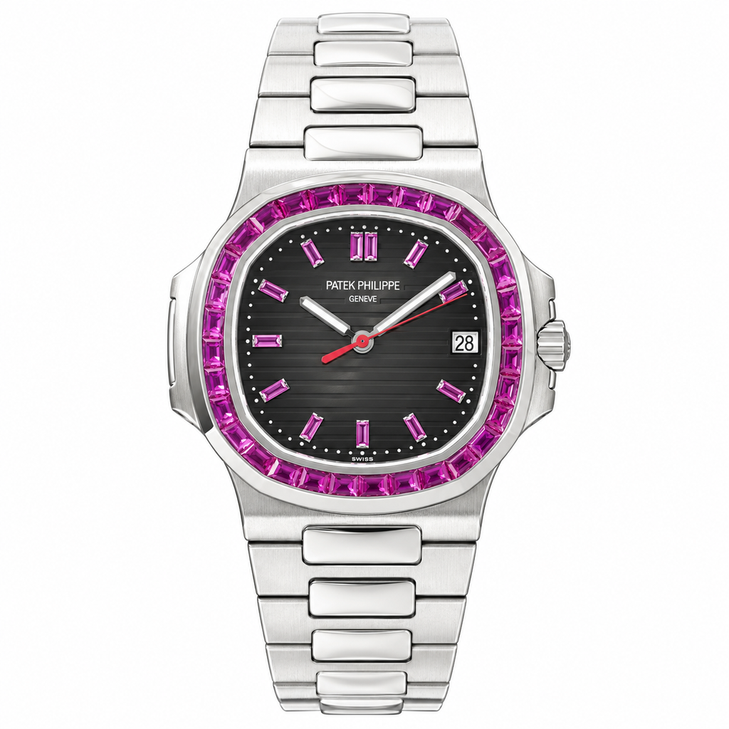 Patek Philippe Nautilus Pink Sapphire Baguette Steel Black Dial