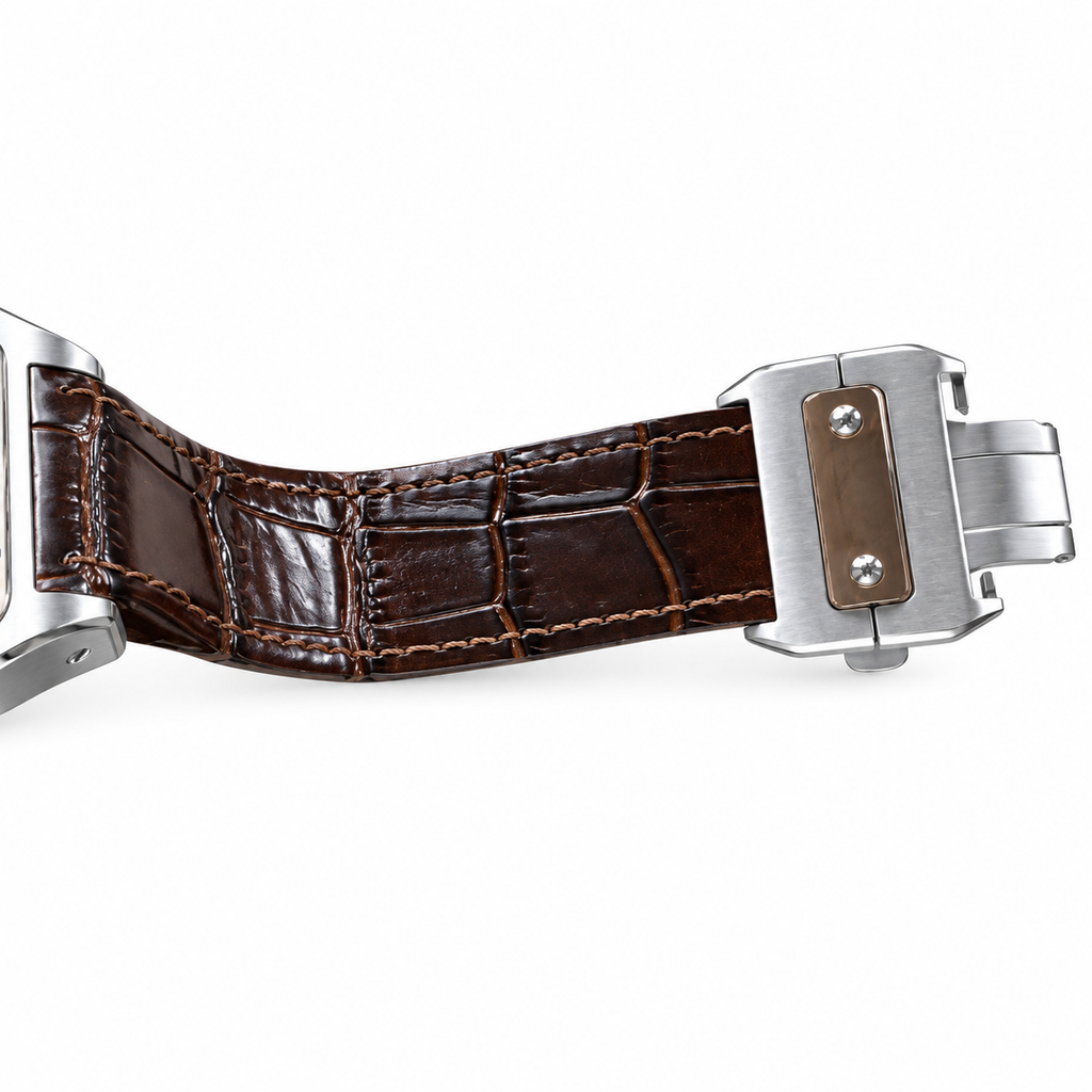 Cartier Santos 100 Steel Rose Gold Bezel White Dial Brown Alligator Watch