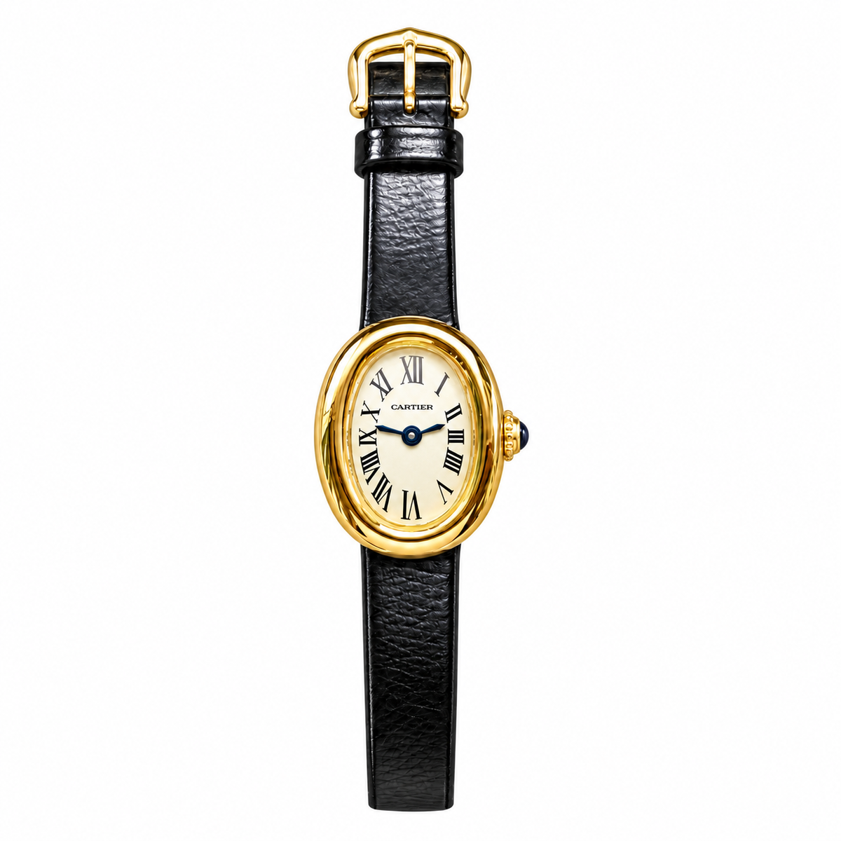 Cartier Baignoire Small 18k Yellow Gold Ivory Dial Black Leather Strap Watch