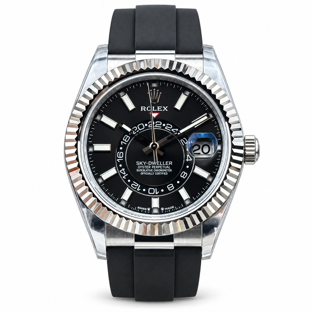 Rolex Sky-Dweller Oystersteel White Gold Fluted Bezel Black Dial Oysterflex Watch
