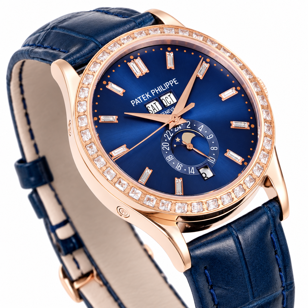 Patek Philippe Complications Rose Gold Baguette Diamond Bezel Blue Dial Annual Calendar Moon Phase Day Month Date Blue Strap 38mm