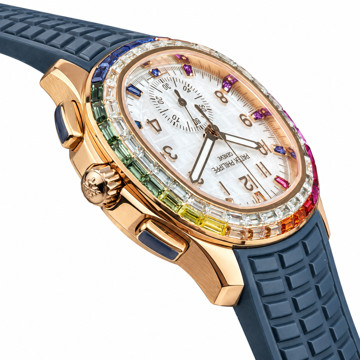 Patek Philippe Aquanaut Chronograph Rose Gold Rainbow Sapphire White MOP Navy Blue Strap 39.9mm