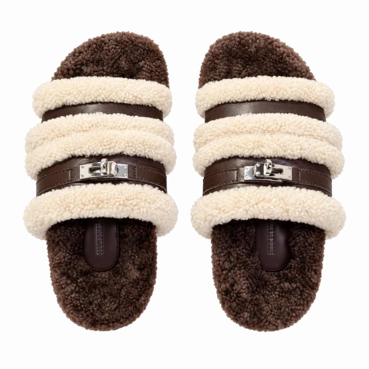 Hermès Dark Brown Slide Sandals with Cream Plush Trim
