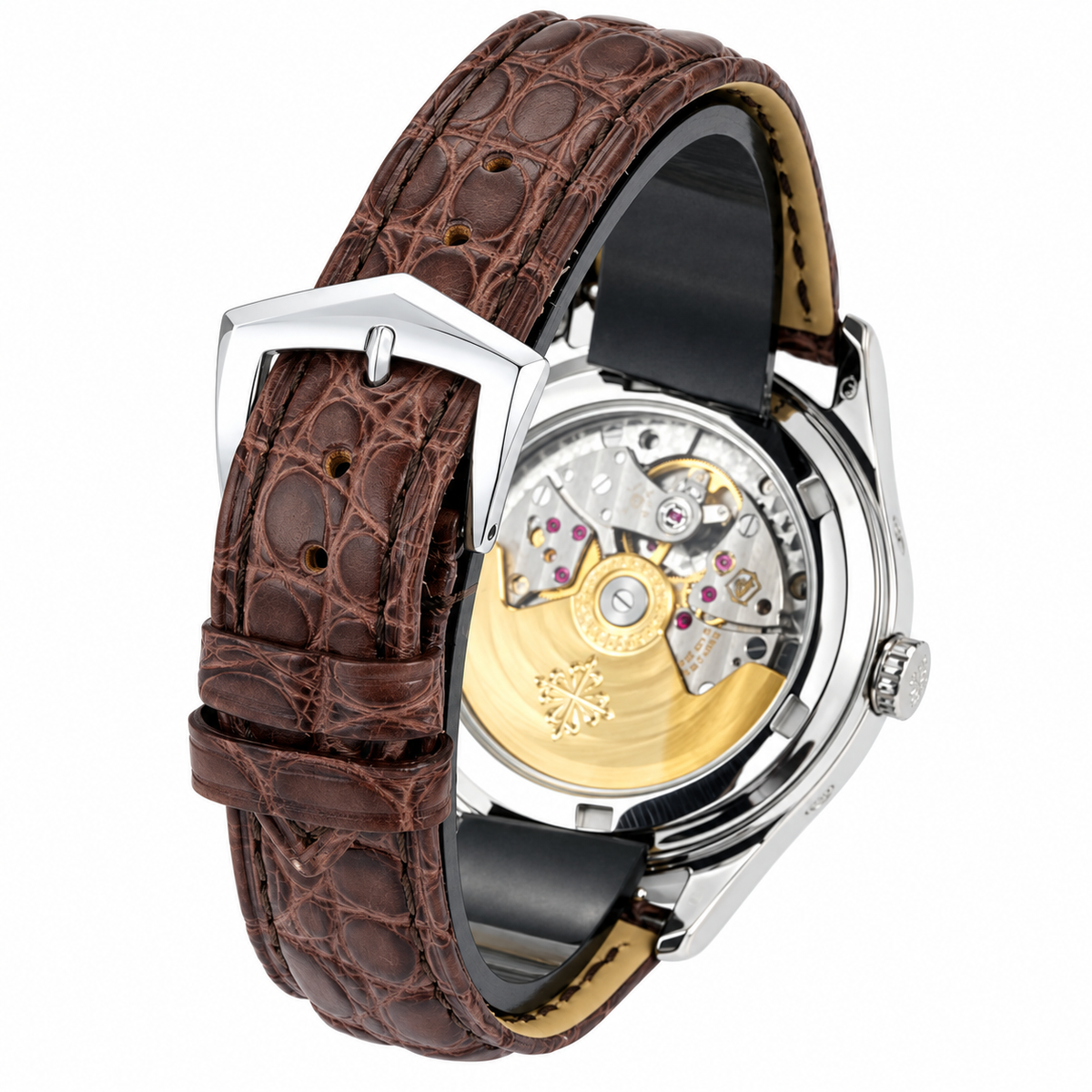 Patek Philippe Ladies Annual Calendar White Gold Double Diamond Bezel Blue MOP Dial Roman Numerals Moon Phase Brown Strap 38mm