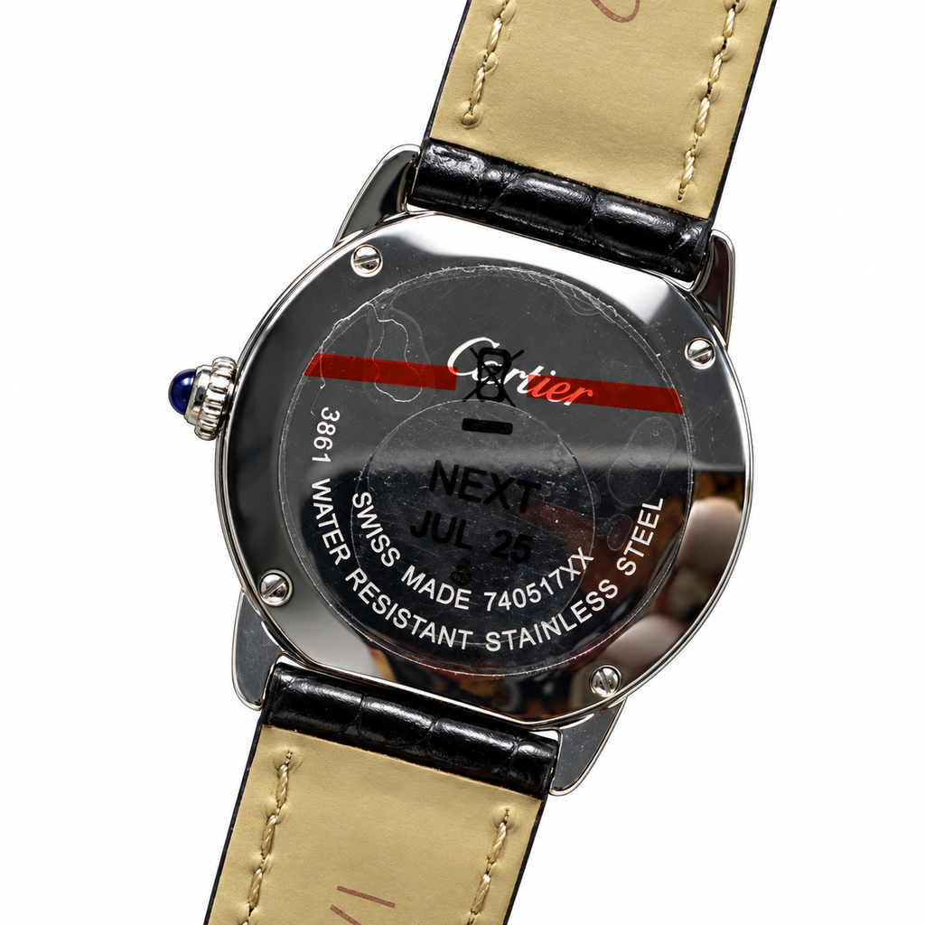 Cartier Ronde Louis Cartier Steel Diamond Bezel White Dial Black Alligator Strap Watch